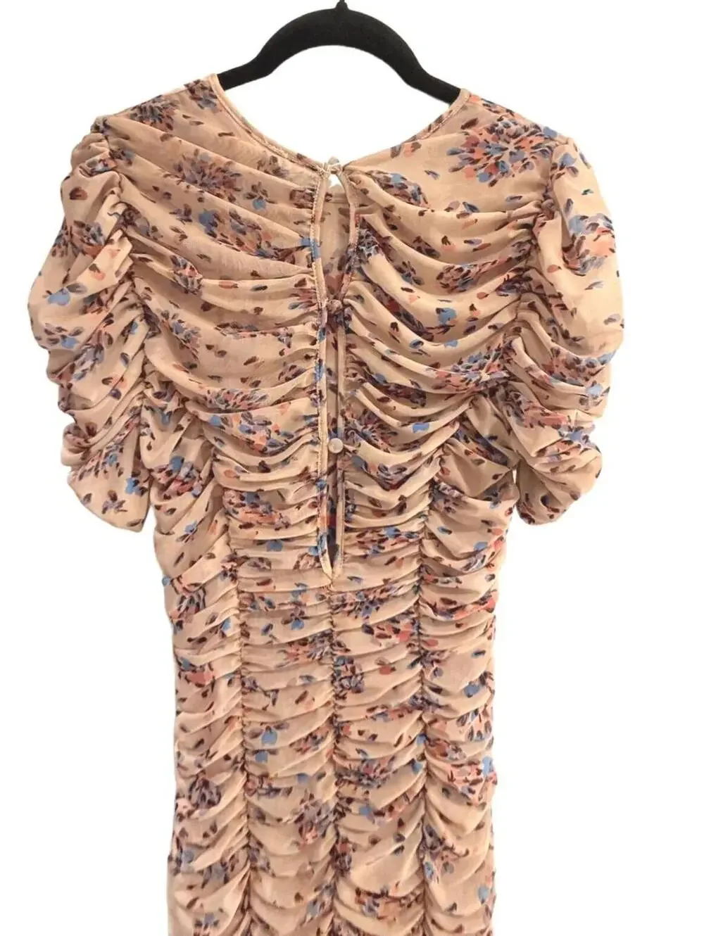 NEW! Free People Briella Ruched Midi Dress‎ Floral Tea Combo Puff Sleeve Size XS